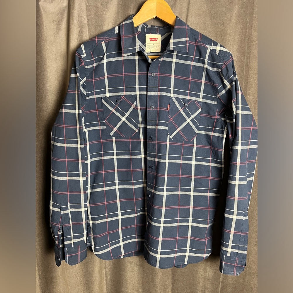 Levi's Men's Blue and Red Plaid Shirt
